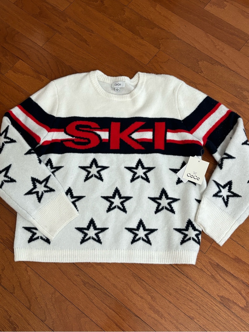 CeCe White Crewneck Sweater with Black Stars & Red Ski Stripe - Picture 2 of 8